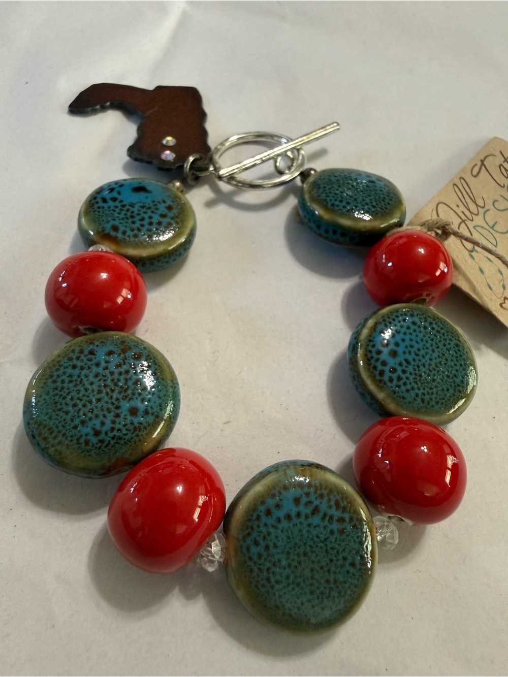 Bronze Turquoise Red Bauble Beaded Handmade Bracelet Western Boot Charm